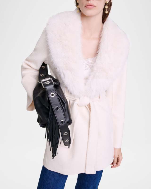 Galaxyo Wool-Blend Short Coat with Faux Fur Trim